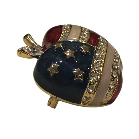 GE Wlind Signed Enamel American Flag Apple Brooch Pin With Rhinestones Vintage - Picture 10 of 14